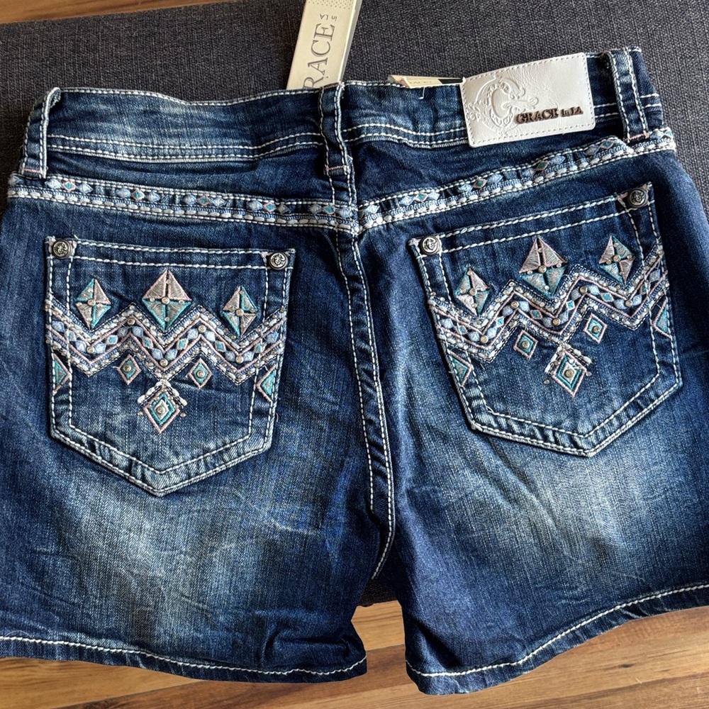 Grace Women's Dark Blue Embroidered Denim Shorts